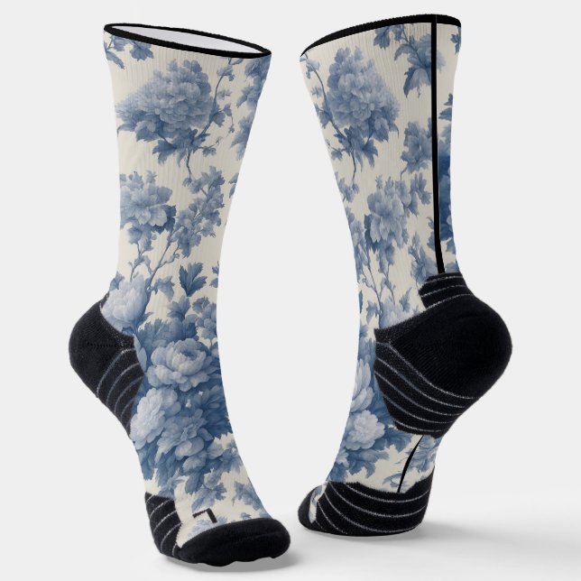 Classic Blue on White Toile Crew Socks - Fit (Angled)