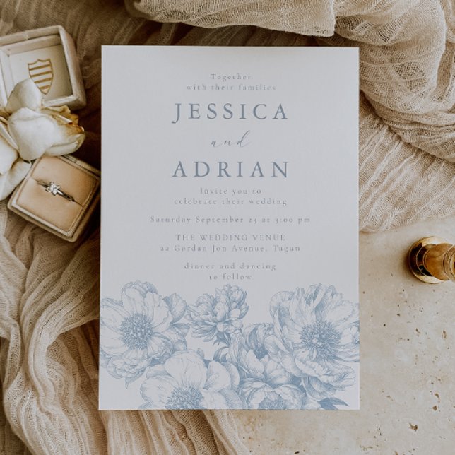 Classic Blue Peony Line Art Wedding Invitation (Creator Uploaded)