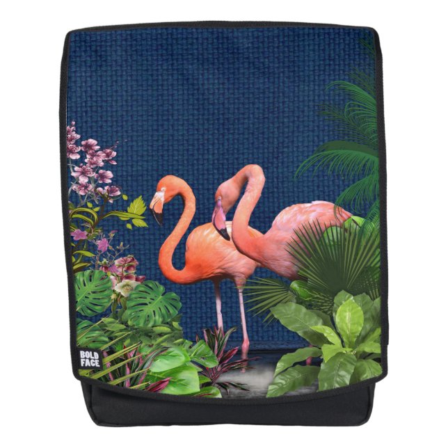 Classic Blue Pink Flamingos Green Leaves Backpack (Front)