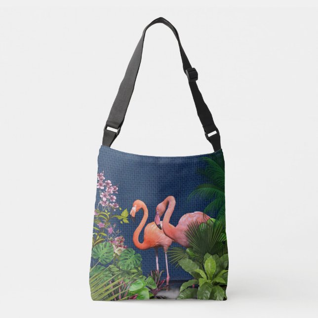 Classic Blue Pink Flamingos Green Leaves Crossbody Bag (Front)