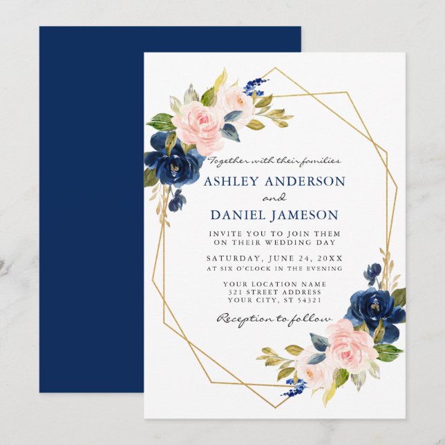Classic Blue Pink Floral Geometric Gold Wedding Invitation (Front/Back)