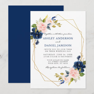 Classic Blue Pink Floral Geometric Gold Wedding Invitation