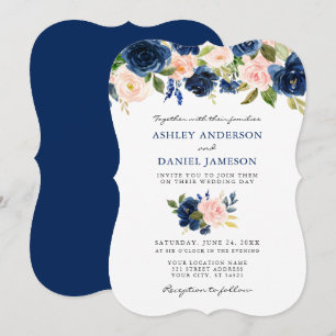 Classic Blue Pink Watercolor Floral Wedding Invitation