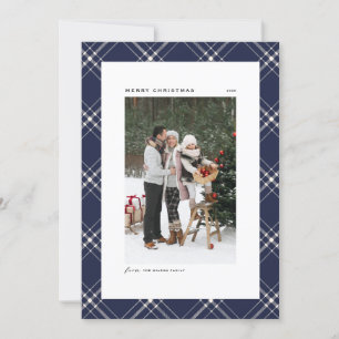 Classic Blue Plaid Pattern Merry Christmas Photo