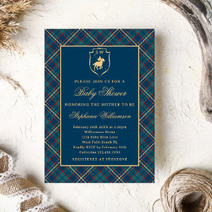 Classic Blue Plaid Polo Equestrian Baby Shower Invitation