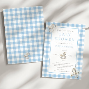 Classic Blue Plaid Rocking Horse Baby Boy Shower Invitation