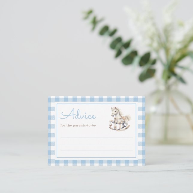 Classic Blue Plaid Rocking Horse Baby Shower  Advice Card (Standing Front)