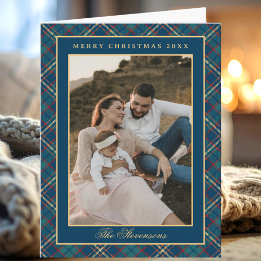 Classic Blue Plaid Vintage Photo Christmas Folded Holiday Card