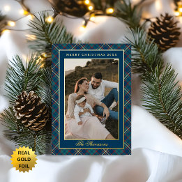 Classic Blue Plaid Vintage Wreath Photo Christmas Foil Holiday Card