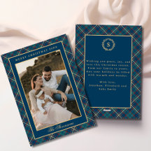 Classic Blue Plaid Vintage Wreath Photo Christmas