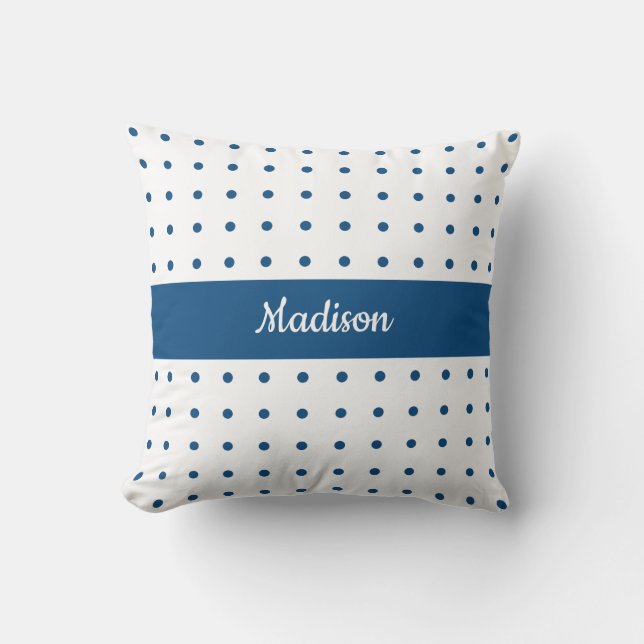 Classic Blue Polka Dot Pattern on White with Name Cushion (Front)