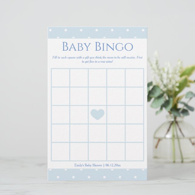 Classic Blue Polka Dots Boy Baby Shower Bingo Game (Standing Front)