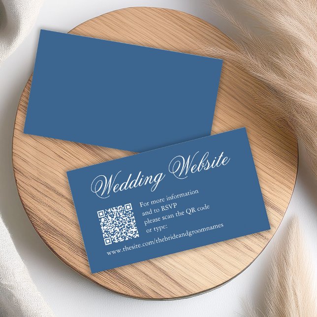 Classic Blue QR Code White Script Wedding Website Enclosure Card (Creator Uploaded)