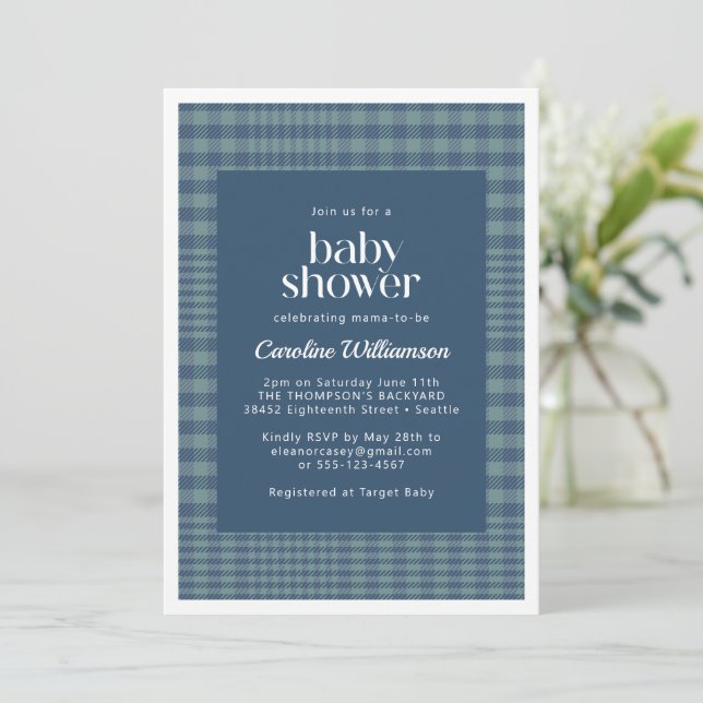 Classic Blue Retro Glen Plaid Baby Shower Invitation (Standing Front)