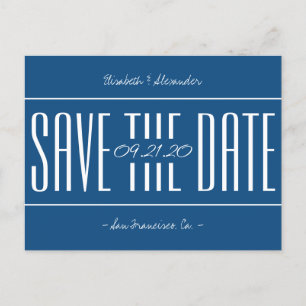 Classic blue retro typography wedding save date announcement postcard