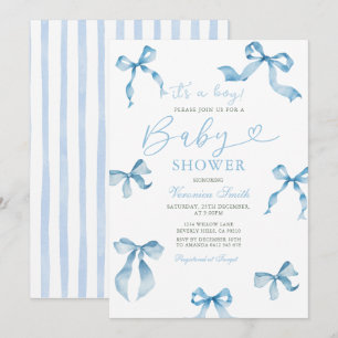 Classic Blue Ribbon Bow Baby Shower Invite