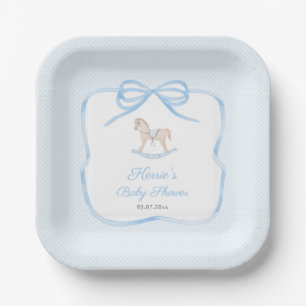 Classic Blue Rocking Horse Boy Baby Shower Party Paper Plate