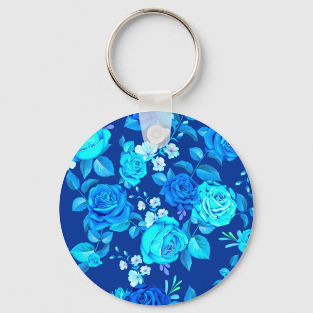 Classic Blue Rose Flowers Pattern-87600 Key Ring (Front)