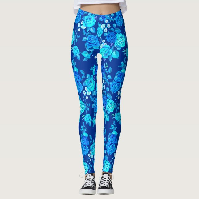 Classic Blue Rose Flowers Pattern-87600 Leggings (Front)