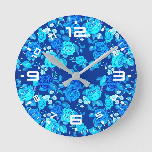 Classic Blue Rose Flowers Pattern-87600 Round Clock (Front)