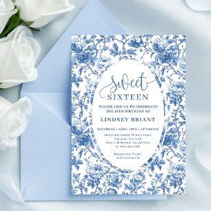 Classic Blue Roses Digital Download Sweet 16 Invitation