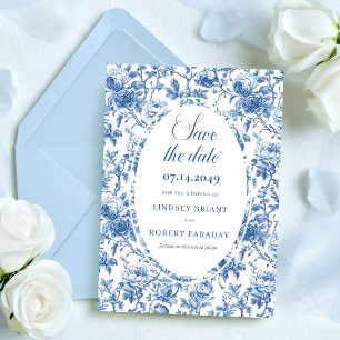 Classic Blue Roses Toile Save the Date Wedding   Invitation