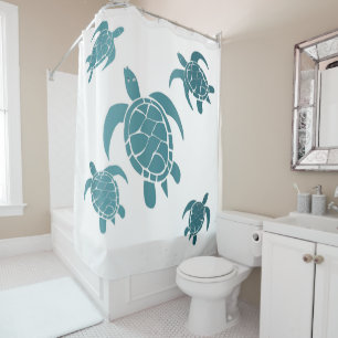 Classic Blue Sea Turtles White Coastal Shower Curtain