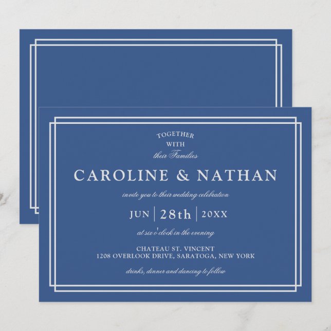 Classic Blue Simple Elegant Frame Wedding Invitation (Front/Back)