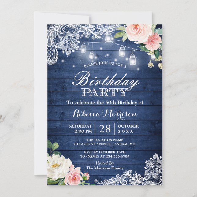 Classic Blue String Lights Floral Birthday Party Invitation (Front)