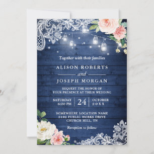 Classic Blue String Lights Floral Rustic Wedding Invitation