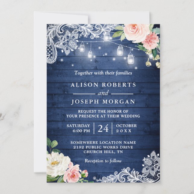 Classic Blue String Lights Floral Rustic Wedding Invitation (Front)