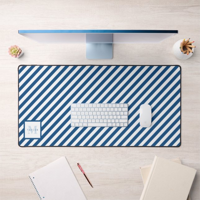 Classic Blue Stripes Monogram Desk Mat (Office 1)