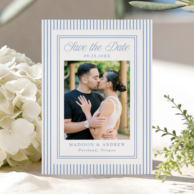 Classic Blue Stripes Photo Wedding Save The Date (Creator Uploaded)
