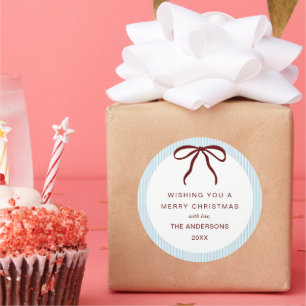 Classic Blue Stripes Red Bow Merry Christmas Round Sticker