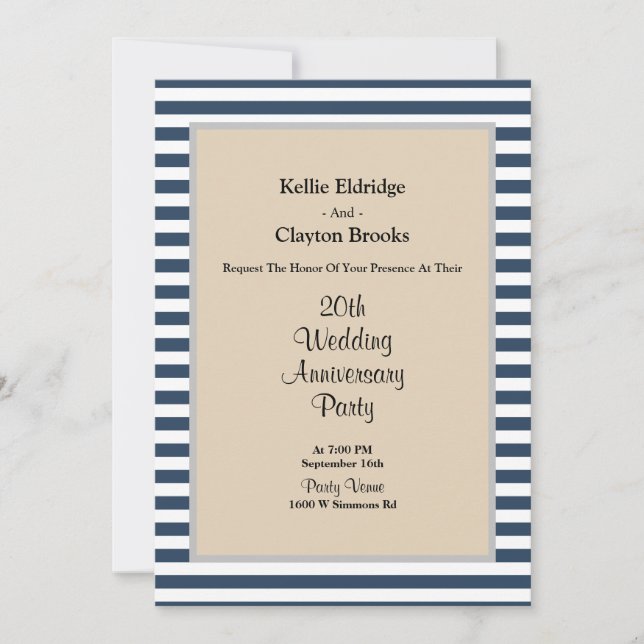 Classic Blue Stripes Wedding Anniversary Party Invitation (Front)