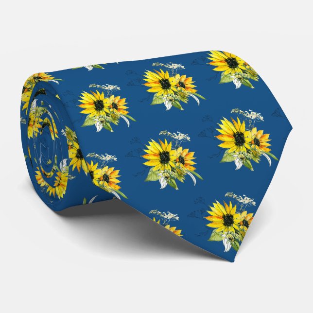 Classic Blue Sunflower Neck Tie (Rolled)