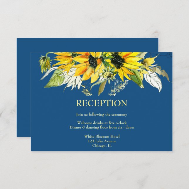 Classic Blue Sunflower Reception Card (Front/Back)