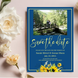 Classic Blue Sunflower Save the date Invitation