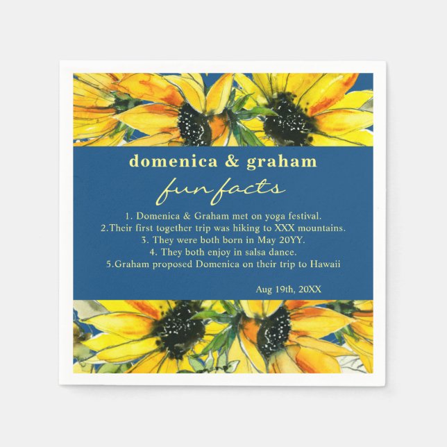 Classic Blue Sunflower Wedding Fun Facts Napkins (Front)