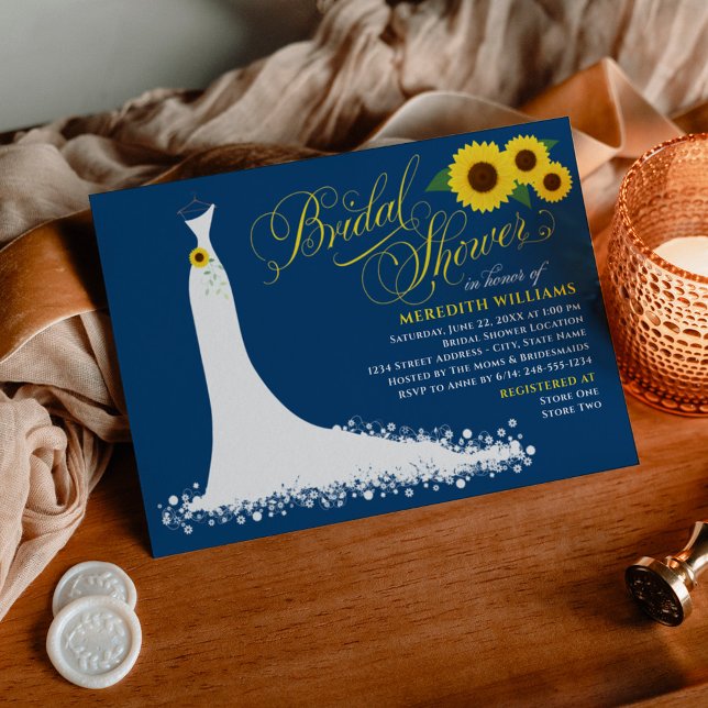 Classic Blue Sunflower Wedding Gown Bridal Shower Invitation (Creator Uploaded)
