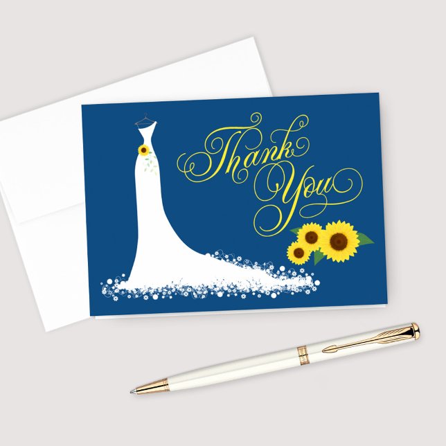 Classic Blue Sunflower Wedding Gown Bridal Shower Thank You Card (Creator Uploaded)