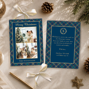 Classic Blue Tartan Plaid Multi Photo Christmas Holiday Card