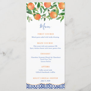 Classic Blue Tiles Citrus Oranges Wedding Shower Menu