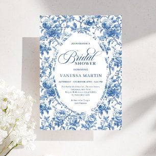 Classic Blue Toile de Jouy Floral Bridal Shower Invitation