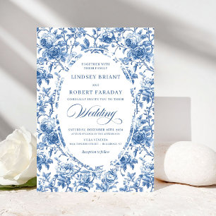 Classic Blue Toile de Jouy Roses Timeless Wedding Invitation