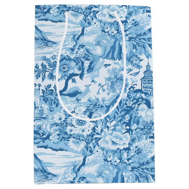 Classic Blue Toile Landscape Medium Gift Bag (Front)