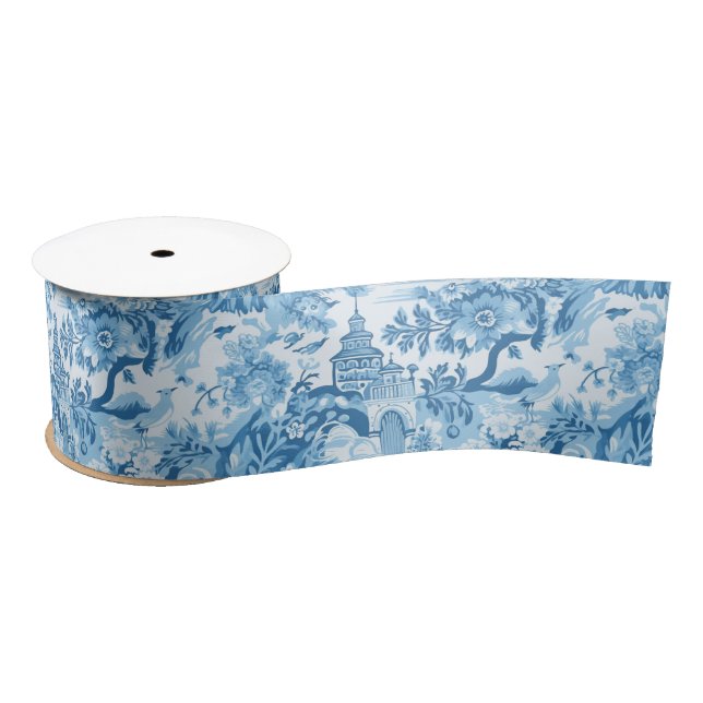 Classic Blue Toile Landscape Satin Ribbon (Spool)