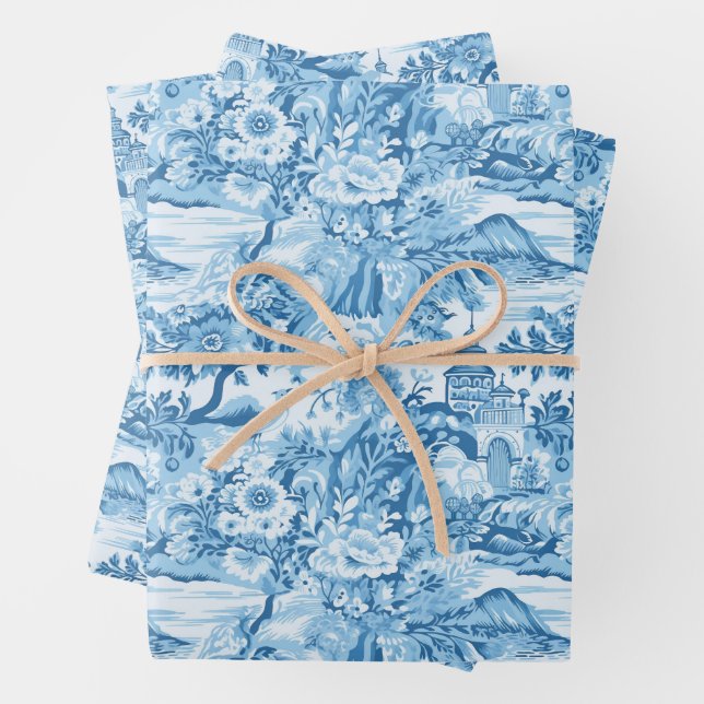Classic Blue Toile Landscape Wrapping Paper Sheet (In situ)