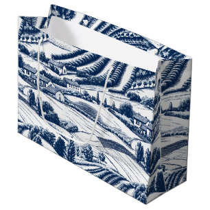 Classic Blue Toile Pastoral Landscape Vintage Char Large Gift Bag