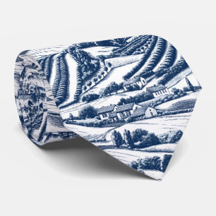 Classic Blue Toile Pastoral Landscape Vintage Char Tie